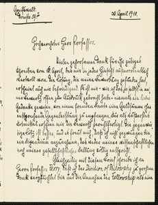 Jacoby, Günther, 1881-1969 autograph letter signed to Hugo Münsterberg, Greifswald, Ger., 20 April 1910