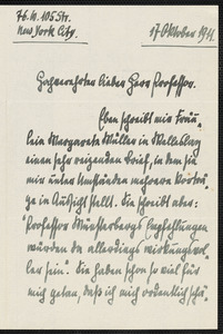 Jacoby, Günther, 1881-1969 autograph letter signed to Hugo Münsterberg, New York, 17 October 1911
