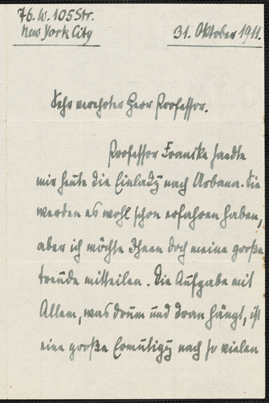 Jacoby, Günther, 1881-1969 autograph letter signed to Hugo Münsterberg, New York, 31 October 1911