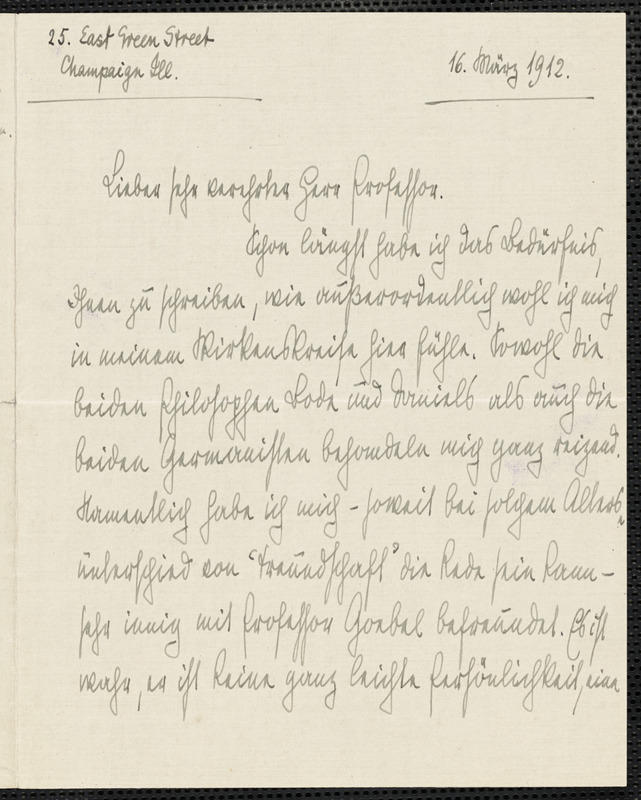Jacoby, Günther, 1881-1969 autograph letter signed to Hugo Münsterberg, Champaign, Ill., 16 March 1912