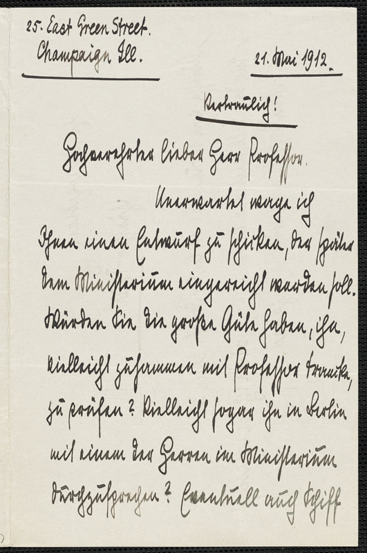 Jacoby, Günther, 1881-1969 autograph letter signed to Hugo Münsterberg, Champaign, Ill., 21 May 1912