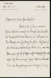 Jacoby, Günther, 1881-1969 autograph letter signed to Hugo Münsterberg, Elgin, Ill., 11 June 1912