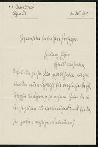 Jacoby, Günther, 1881-1969 autograph letter signed to Hugo Münsterberg, Elgin, Ill., 31 July 1912
