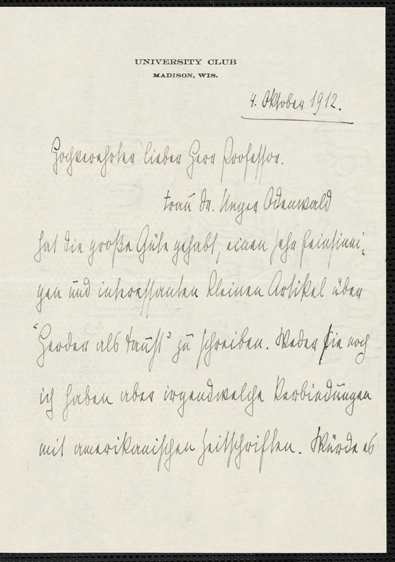 Jacoby, Günther, 1881-1969 autograph letter signed to Hugo Münsterberg, Elgin, Ill., 4 October 1912