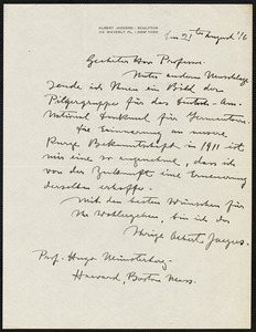 Jaegers, Albert, 1868-1925 autograph letter signed to Hugo Münsterberg, New York, 21 August 1916