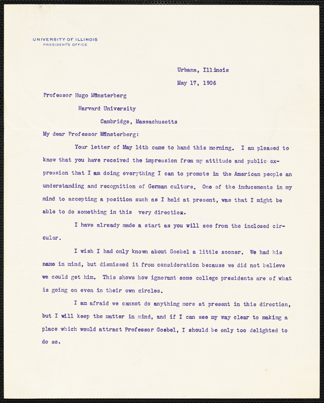 James, Edmund J. (Edmund Janes), 1855-1925 typed letter signed to Hugo Münsterberg, Urbana, Ill., 17 May 1906
