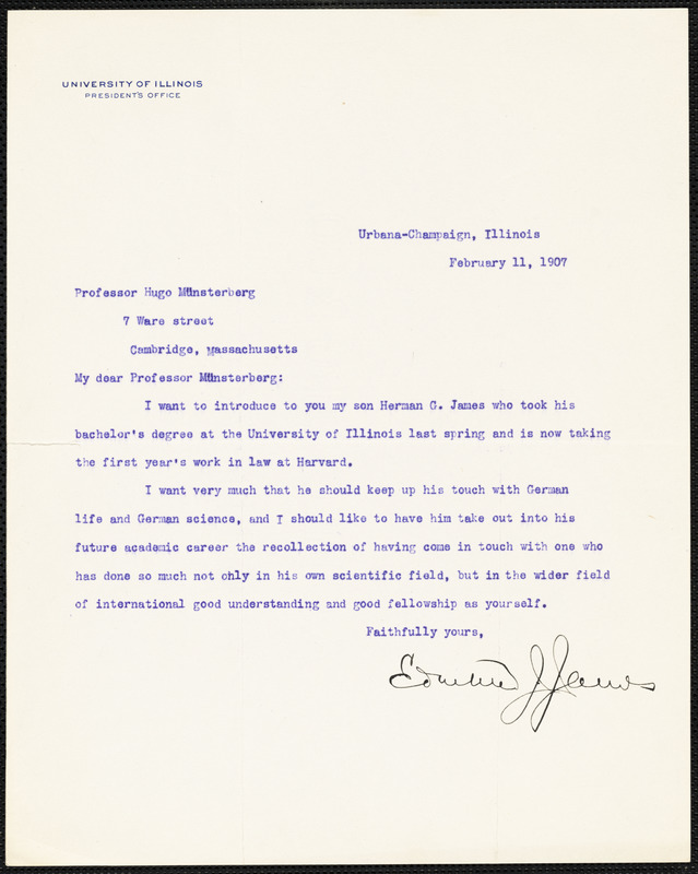 James, Edmund J. (Edmund Janes), 1855-1925 typed letter signed to Hugo Münsterberg, Urbana, Ill., 11 February 1907