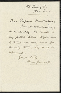 James, Henry, 1879-1947 autograph note signed to Hugo Münsterberg, [Cambridge, Mass.], 8 November 1911
