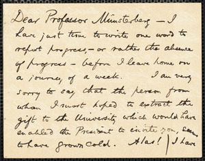 James, William, 1842-1910 autograph note signed to Hugo Münsterberg, Cambridge, Mass., 5 April 1892