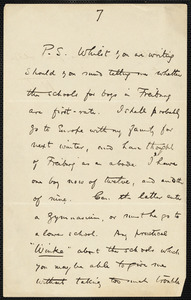James, William, 1842-1910 fragment (postscript) of autograph letter signed to Hugo Münsterberg, [Cambridge], 21 February 1892