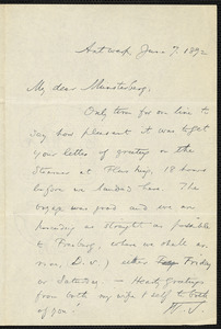 James, William, 1842-1910 autograph note signed to Hugo Münsterberg, Antwerp, Belg., 7 June 1892
