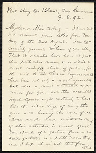 James, William, 1842-1910 autograph letter signed to Hugo Münsterberg, Vers-chez-les-Blancs, Switz., 9 August 1892