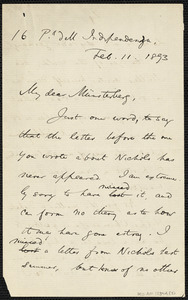 James, William, 1842-1910 autograph letter signed to Hugo Münsterberg, [Florence (?) Italy], 11 February 1893