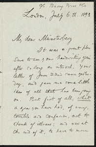 James, William, 1842-1910 autograph letter signed to Hugo Münsterberg, London, 6 July 1893