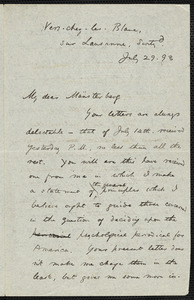 James, William, 1842-1910 autograph letter signed to Hugo Münsterberg, Vers-chez-les-Blanc, Switz., 29 July 1893