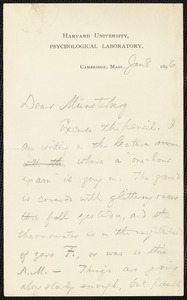 James, William, 1842-1910 autograph letter signed to Hugo Münsterberg, Cambridge, Mass., 8 January 1896