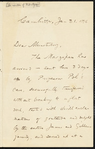 James, William, 1842-1910 autograph letter signed to Hugo Münsterberg, Cambridge, Mass., 31 January 1896