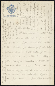 James, William, 1842-1910 autograph letter signed to Hugo Münsterberg, Hotsprings, Va., 23 April 1896