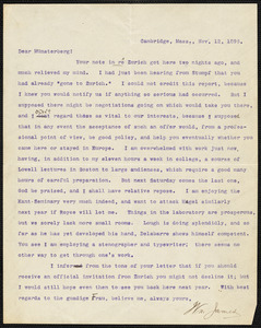 James, William, 1842-1910 typed letter signed to Hugo Münsterberg, Cambridge, Mass., 12 November 1896