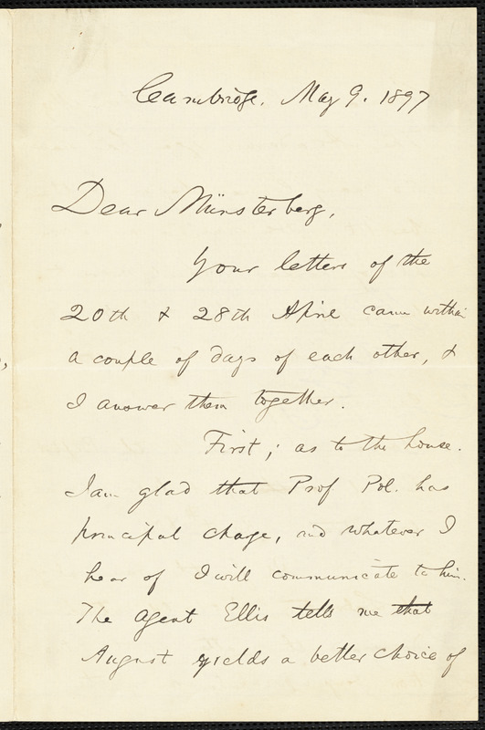 James, William, 1842-1910 autograph letter signed to Hugo Münsterberg, Cambridge, Mass., 9 May 1897