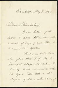James, William, 1842-1910 autograph letter signed to Hugo Münsterberg, Cambridge, Mass., 9 May 1897