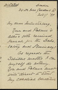 James, William, 1842-1910 autograph letter signed to Hugo Münsterberg, London, 17 November 1899