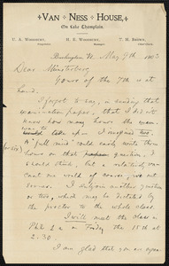James, William, 1842-1910 autograph letter signed to Hugo Münsterberg, Burlington, Vt., 9 May 1903