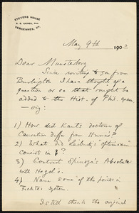 James, William, 1842-1910 autograph letter signed to Hugo Münsterberg, Vergennes, Vt., 9 May 1903