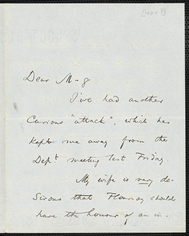 James, William, 1842-1910 autograph letter signed to Hugo Münsterberg, [Cambridge, Mass.], 3 April [1904?]