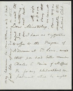 James, William, 1842-1910 autograph letter signed to Hugo Münsterberg, [Chocorua, N.H.?], [August 1904?]