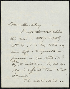 James, William, 1842-1910 autograph letter signed to Hugo Münsterberg, Cambridge, Mass., [190-]