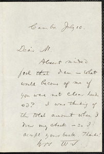 James, William, 1842-1910 autograph letter signed to Hugo Münsterberg, Cambridge, Mass., 10 July [190-]