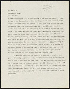 James, William, 1842-1910 typed letter signed to Hugo Münsterberg, Cambridge, Mass., 19 April 1892