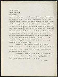 James, William, 1842-1910 typed letter signed to Hugo Münsterberg, Cambridge, Mass., 3 May 1892