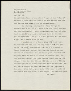 James, William, 1842-1910 typed letter signed to Hugo Münsterberg, Vers chez les Blanc, 24 August 1892