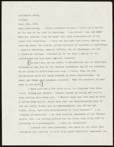 James, William, 1842-1910 typed letter signed to Hugo Münsterberg, Chicago, 2 September 1896