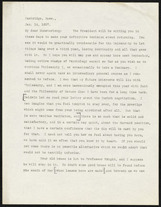 James, William, 1842-1910 typed letter signed to Hugo Münsterberg, Cambridge, Mass., 14 January 1897