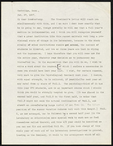 James, William, 1842-1910 typed letter signed to Hugo Münsterberg, Cambridge, Mass., 27 February 1897