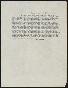 James, William, 1842-1910 typed letter signed to Hugo Münsterberg, Rome, Italy, 9 December 1900