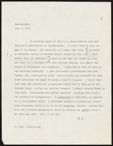 James, William, 1842-1910 typed letter signed to Hugo Münsterberg, Bad-Nauheim, Ger., 8 July 1901