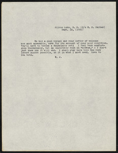 James, William, 1842-1910 typed letter signed to Hugo Münsterberg, Silver Lake, N.H., 12 September 1901