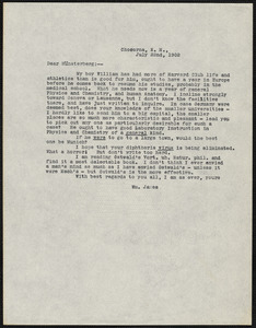 James, William, 1842-1910 typed letter signed to Hugo Münsterberg, Chocorua, N.H., 22 July 1902