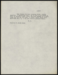 James, William, 1842-1910 typed letter signed to Hugo Münsterberg, Stanford, Vt., 21 March 1906