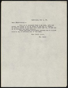 James, William, 1842-1910 typed letter signed to Hugo Münsterberg, Cambridge, Mass., 4 May 1906