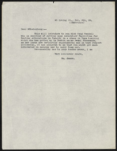 James, William, 1842-1910 typed letter signed to Hugo Münsterberg, Cambridge, Mass., 8 February 1909