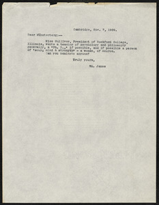 James, William, 1842-1910 typed letter signed to Hugo Münsterberg, Cambridge, Mass., 7 November 1909