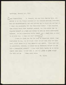 James, William, 1842-1910 typed letter signed to Hugo Münsterberg, Cambridge, Mass., 1 January 1910