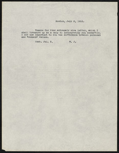 James, William, 1842-1910 typed letter signed to Hugo Münsterberg, Boston, 2 July 1910