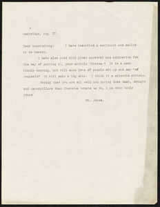 James, William, 1842-1910 typed letter signed to Hugo Münsterberg, Cambridge, Mass., 27 August
