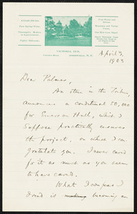James, William, 1842-1910 autograph letter signed to George Herbert Palmer, Asheville, N.C., 3 April 1903